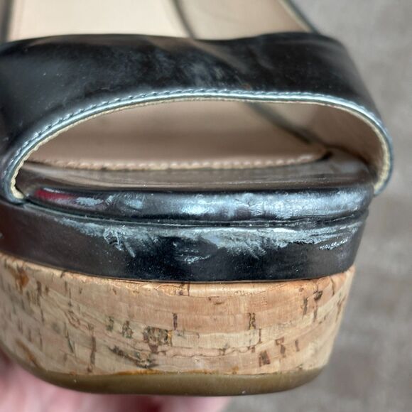 Prada Patent Leather Slingback Platform Wedge Sandal Womens 36.5 Silver Peeptoe - Picture 8 of 14